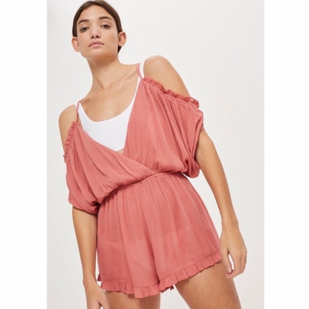 Topshop Pink Cold Shoulder Ruffle Romper NWT